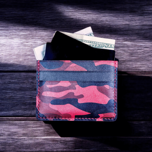 Cardholder with cards and folded cash inside, showcasing the functionality and stylish design of the Bold Red Camouflage cardholder.