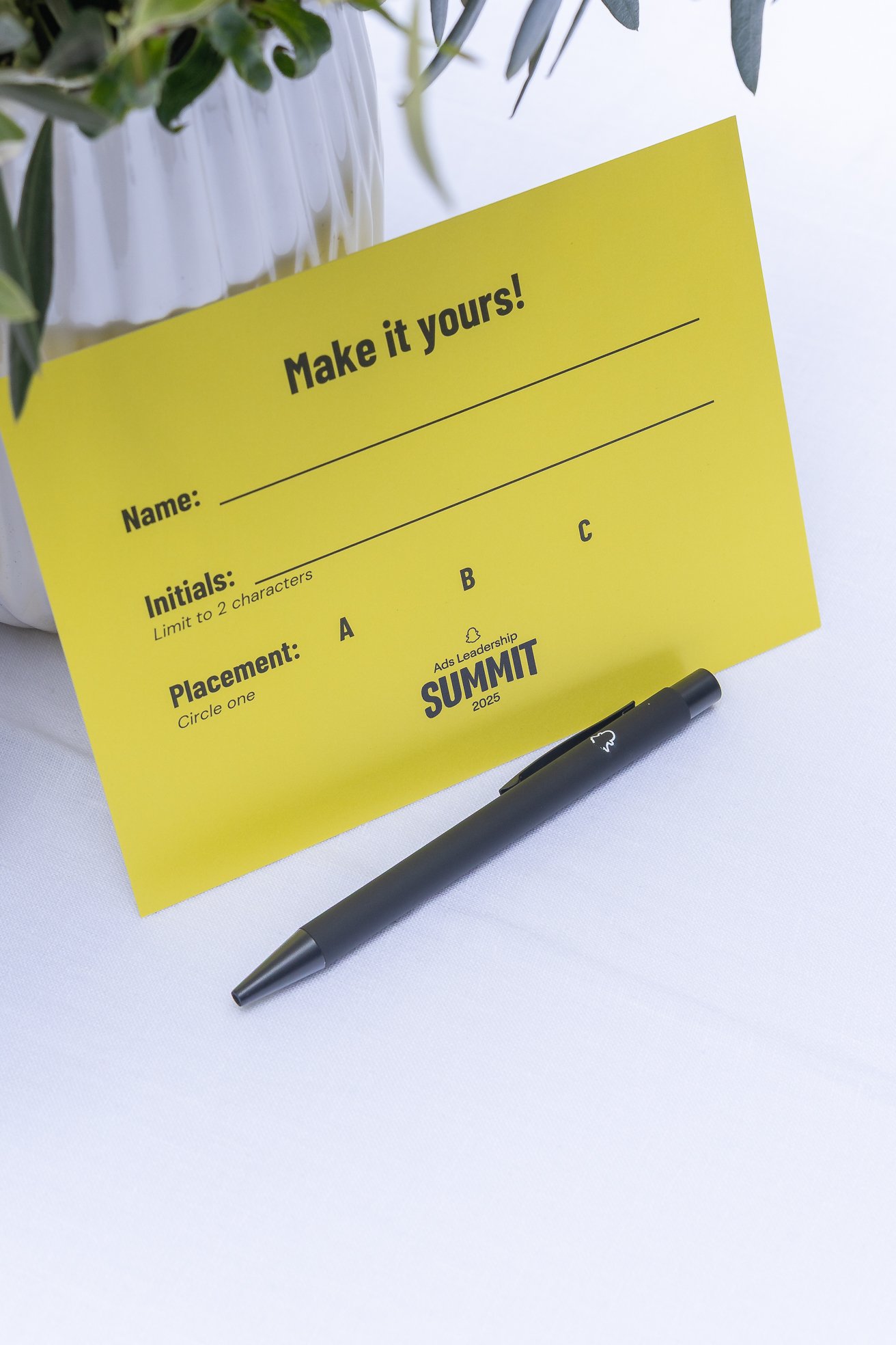 Snapchat_Ads_Leadership_Summit_2025_Personalization_Notecard_Embossing Snapchat notecard for personalization at the 2025 Ads Leadership Summit, allowing guests to fill in their name, initials, and preferred embossing placement for their leather goods.