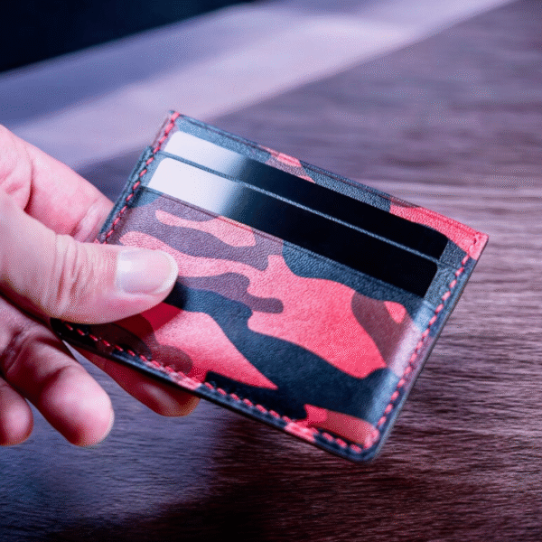 Personalized Bold Red Camouflage cardholder, engraved with initials, showcasing its unique design and customization option.