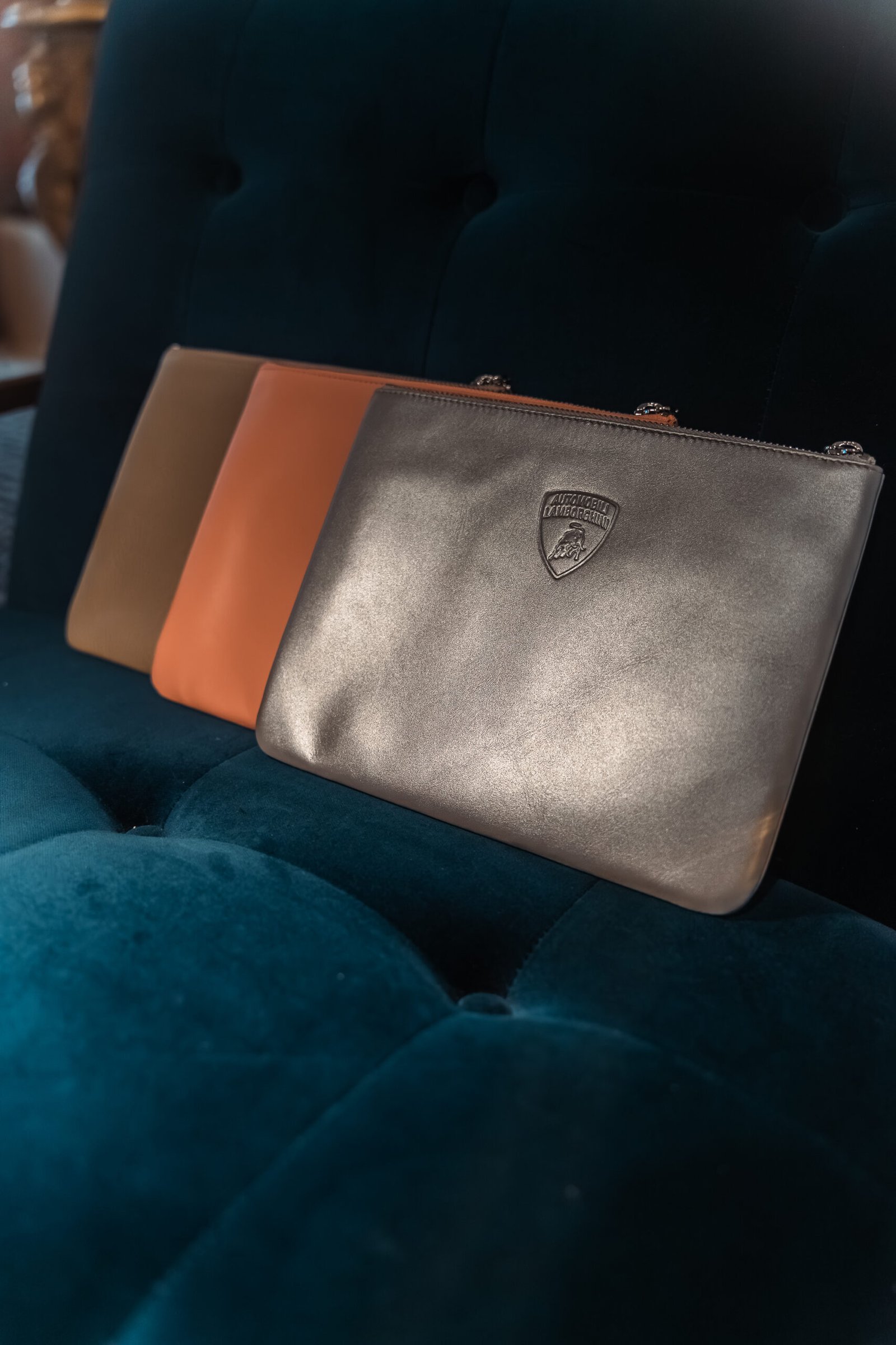 Lamborghini SheDrives: Personalization for a Powerful Driving Experience Black vegan leather license plate keychain with gold foil embossed initials SAK, created at Prime Video’s Maintenance Required premiere.