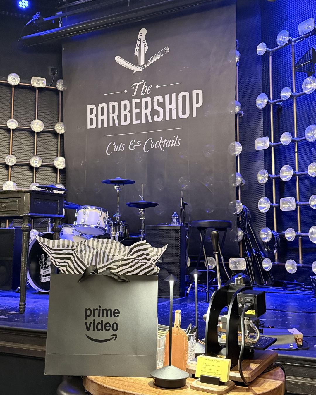 Prime Video CES Party Black vegan leather license plate keychain with gold foil embossed initials SAK, created at Prime Video’s Maintenance Required premiere.